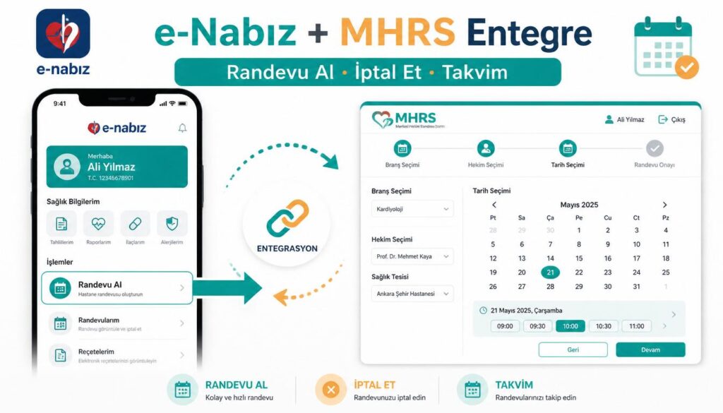 e-Nabız MHRS entegrasyonu randevu al iptal et takvim