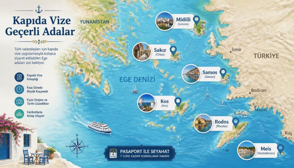 Kapıda vize uygulamasının geçerli olduğu Yunan adaları haritası