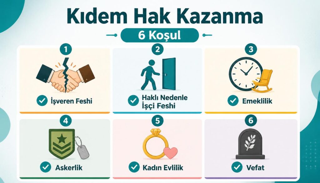 Kıdem tazminatı hak kazanma 6 koşul fesih emeklilik askerlik evlilik vefat
