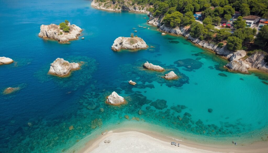 Ksamil Arnavutluk sahili — turkuaz su ve adacıklarıyla tatil destinasyonu