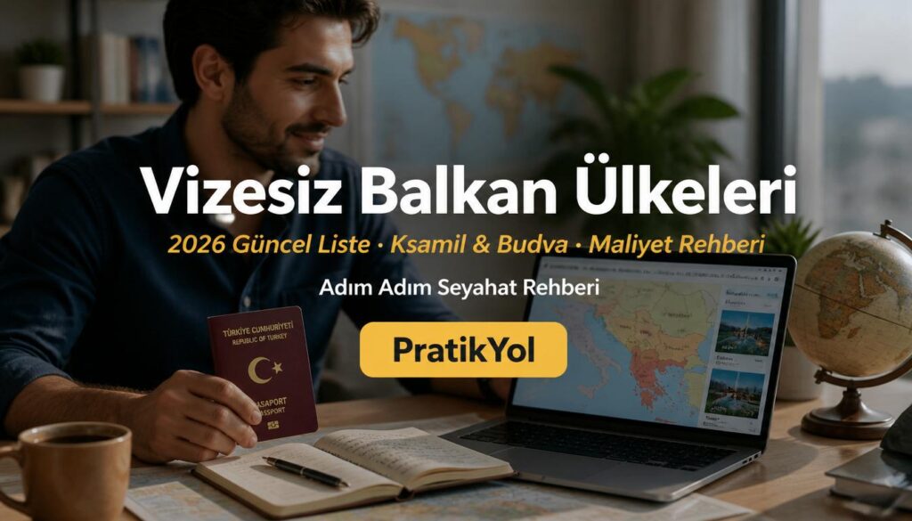 Türk pasaportu, laptop ve seyahat belgeleriyle Balkan rotası planlayan bir gezgin. Görsel üzerinde ortalanmış olarak 'Vizesiz Balkan Ülkeleri, 2026 Güncel Liste · Ksamil & Budva · Maliyet Rehberi, Adım Adım Seyahat Rehberi, PratikYol' yazan editoryal rehber kapağı.