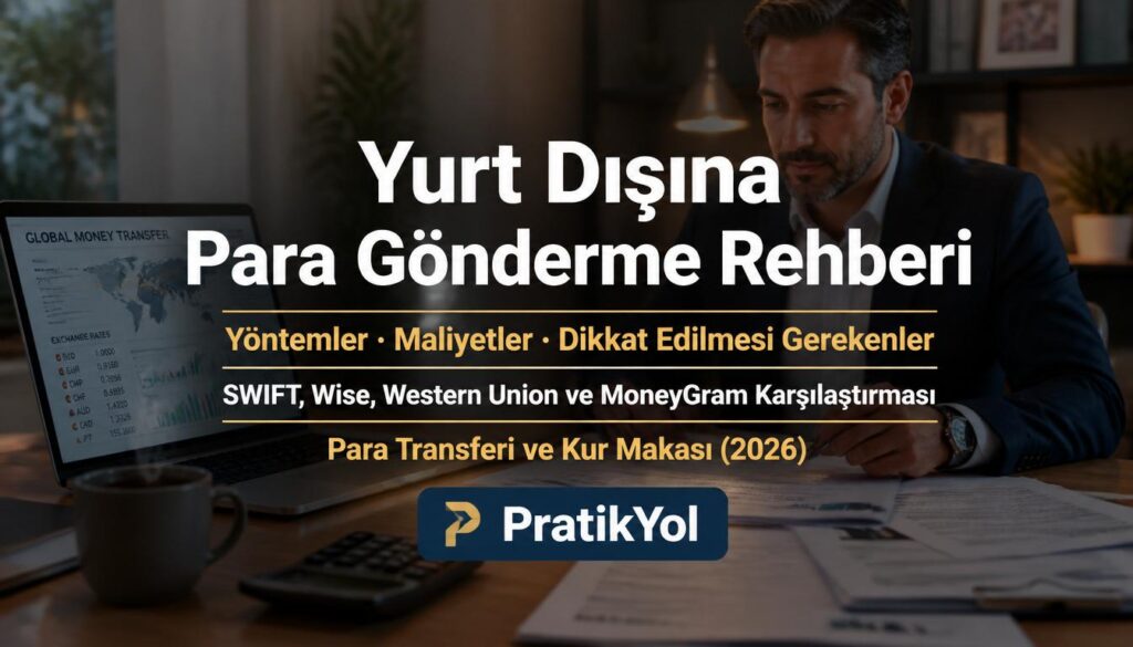 Modern bir ev ofiste, bilgisayar ekranındaki finansal grafikleri ve döviz kurlarını inceleyen, önünde hesap makinesi ve kahve kupası bulunan profesyonel bir Türk kadını. Görselin üzerinde ortalanmış şekilde "Yurt Dışına Para Gönderme Rehberi - 2026" ve "PratikYol" logolu editoryal dergi kapağı yazısı yer alıyor.