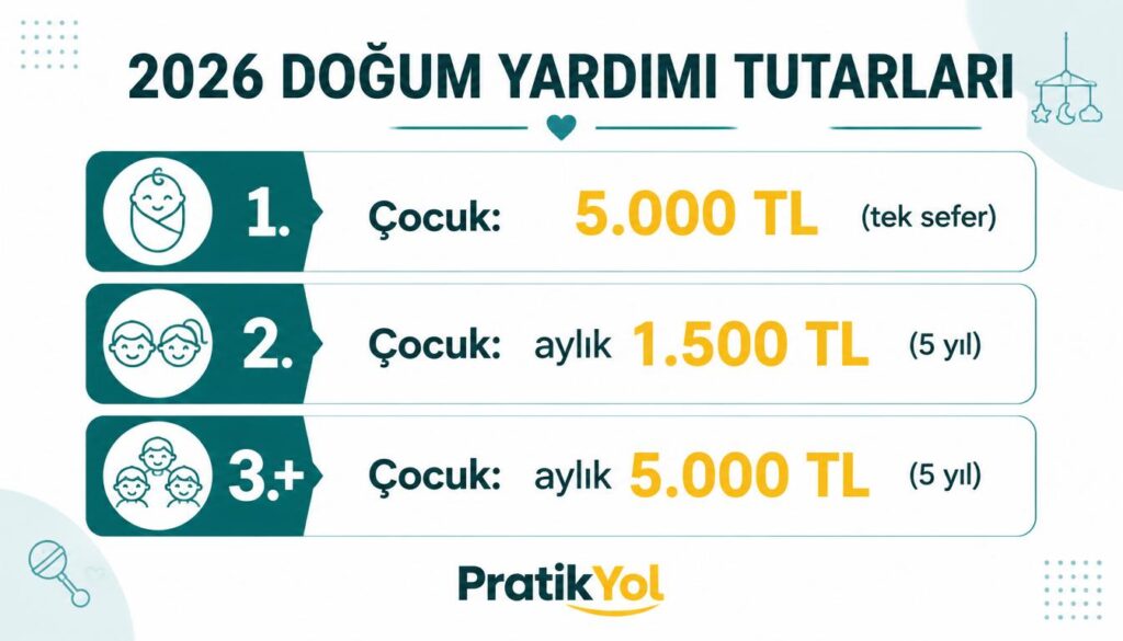 2026 doğum yardımı: 1. çocuk 5.000, 2. çocuk 1.500, 3. çocuk 5.000