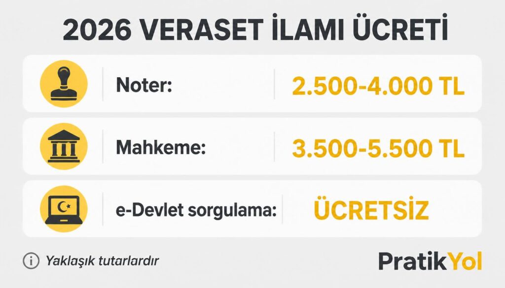 2026 veraset ilamı ücreti: noter 2.500-4.000, mahkeme 3.500-5.500