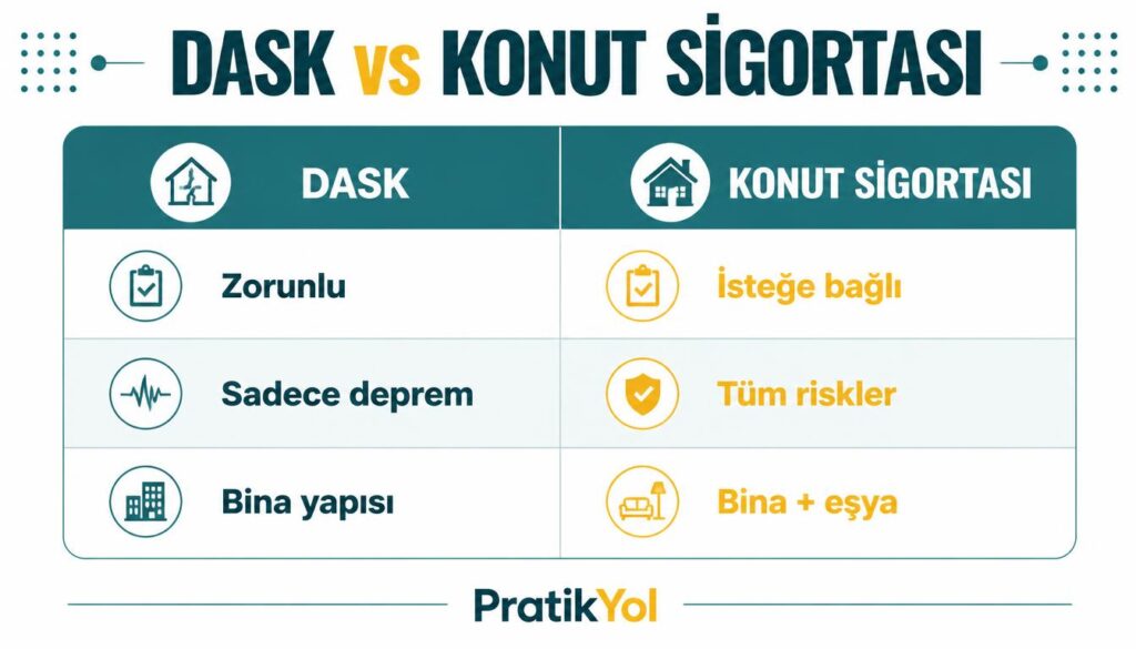 konut sigortası DASK farkı karşılaştırma