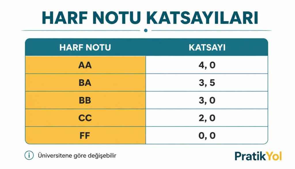 harf notu katsayı tablosu AA BB